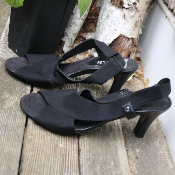 Aerosoles Black Fabric Criss Cross Open Toe Elastic Sling Back 3" Heels Sz 7 - Picture 2 of 7